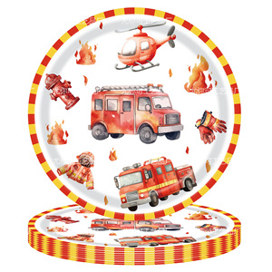 Watercolor <b>Fire</b> Truck Theme Paper Plates Disposable Birthday Party Tableware For Kids 2-4 Years - Product Image 1