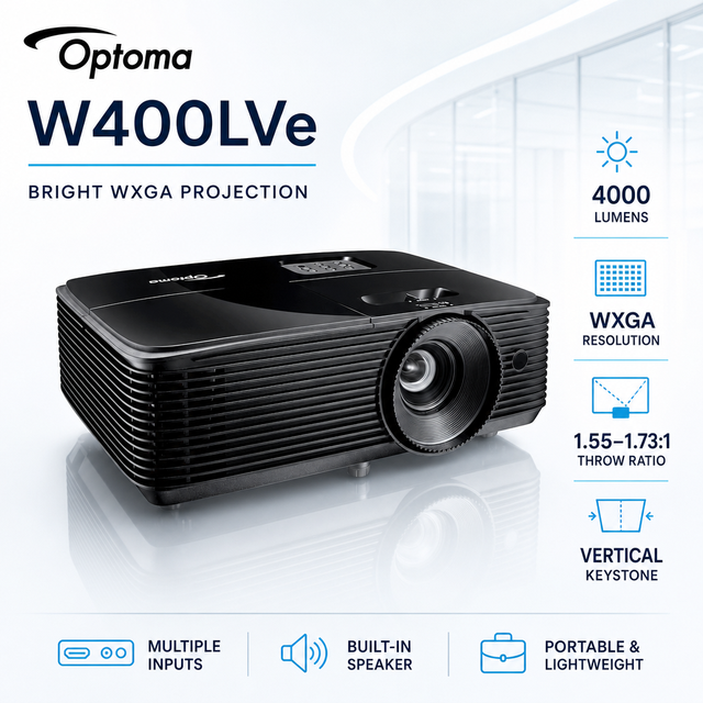 OPTOMA W400LVe 4000 ANSI Lumens WXGA 1280x800 Headlight DLP 3D Logo Projector Bright WXGA Projection for Education $ Business