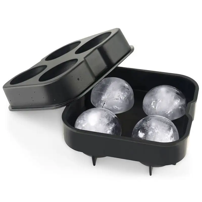 Kustom 4 lubang silikon es batu baki bola mudah dilepas bulat nampan es batu dengan tutup cetakan pembuat bola es