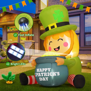 Leprechaun gonflable géant de 5 pieds pour la Saint-<span class=keywords><strong>Patrick</strong></span> avec pot de pièces d'or et lumières LED intégrées, en polyester 190T, décoration extérieure - Product Image 4