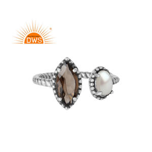 Natural <b>Pearl</b> and Smoky Quartz Gemstone <b>Ring</b> Handmade Twisted Designer <b>Ring</b> Oxidized Silver Adjustable <b>Ring</b> Manufacturer - Product Image 1