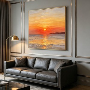 Pintura al Óleo Pintada a Mano, Paisaje al Atardecer, Arte de Pared Moderno y Minimalista para Sala de Estar, Fondo de Sofá, Marco de Madera, Impresionismo - Product Image 2