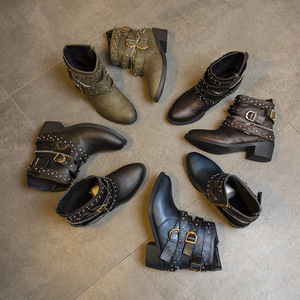 Automne dernier Style anglais Rivet décoré Ddouble croix sangle boucle bottines avec fermeture éclair mouche <span class=keywords><strong>femmes</strong></span> grosses <span class=keywords><strong>bottes</strong></span> à talons hauts - Product Image 4