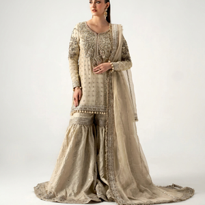 Beige Silk Embroidered Scoop Neck <b>Long</b> Sleeve <b>A</b>-Line Floor-Length <b>Party</b> <b>Dress</b> - Product Image 1