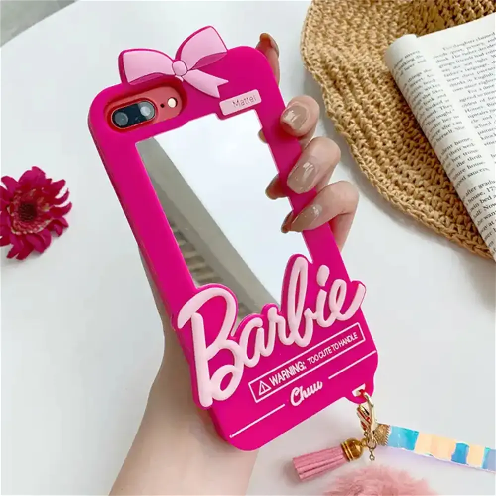 Mới Nhất Màu Hồng Barbie Gương Trường Hợp Đối Với iPhone 14 Pro Max 13 12 Phim Hoạt Hình Đáng Yêu Trang Điểm Silicone Mềm Chống Sốc Không Thấm Nước Cover Quay Lại
