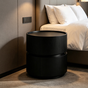 Mesita de Noche Redonda Francesa Negra de Madera Creativa con 2 Cajones, Gabinete Moderno para Dormitorio, Mesa Auxiliar para Sala de Estar/Apartamento - Product Image 5