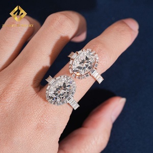 Anillo de compromiso y boda de plata S925 con diamantes de moissanita ovalados tipo halo y doble fila de circonitas, para mujer - Product Image 6