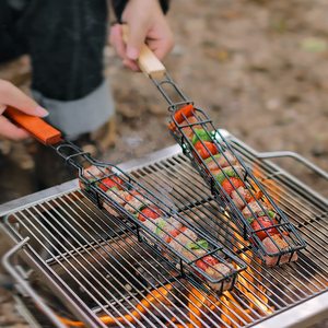 Portable Grilling Basket Outdoor Camping BBQ Rack with Wooden Handle for Barbecue Vegetables Barbeque Skewers <strong>Griller</strong> <strong>Tools</strong> - Product Image 1