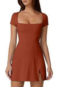 Robes décontractées pour femmes col carré robe de tennis à manches courtes short intégré robe de golf athlétique avec poches - Product Image 6