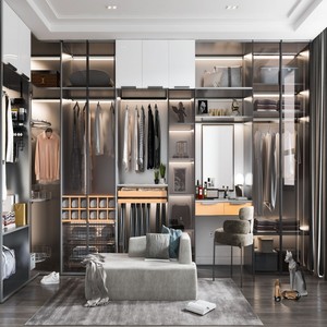 BALOM <span class=keywords><strong>Dressing</strong></span> Moderne Personnalisé Gris Blanc en Bois avec Porte Coulissante en Verre, Meuble de Rangement Intégré pour Chaussures et Éclairage LED pour Chambre à Coucher - Product Image 1