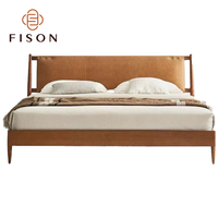 Mid Century Solid Wood Bed Leather Spliced Headboard Rivet Decoration Natural Timber Frame Warm Tone Villa Master Bedroom Bed