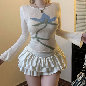 Suéter Floral Colorido Estilo Francés Vintage, Manga Larga, Corte Ajustado, Hombros Descubiertos, Manga Acampanada, Tejido de Punto - Product Image 6