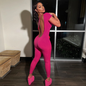 จั๊มสูทแขนสั้นเปิดหลังเข้ารูปสำหรับผู้หญิงจั๊มสูทเล่นกีฬาฟิตเนสสีพื้นใหม่สำหรับฤดูร้อน - Product Image 5