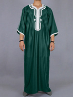Qamis en satin pour homme Lanna, col en V, broderie contrastante, Jubba musulmane, Kaftan marocain, Robe islamique à manches courtes, plusieurs couleurs