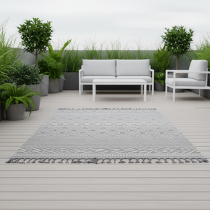 Tapis géométrique bohème moderne 6x9 gris et blanc, intérieur/extérieur, tissage plat en polypropylène, imperméable, ensemble de tapis rectangulaires - Product Image 2