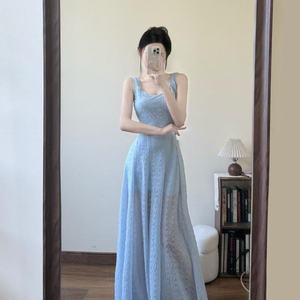 Blue <b>Spaghetti</b> Strap Dress Square Neck <b>Long</b> Solid Color Beach Cover Up Summer Style - Product Image 2
