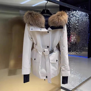 Upscale <strong>Women's</strong> Goose Fur Parka Short Winter Sports <strong>Coat</strong> with Windproof Stand Collar <strong>Waist</strong> Design Hooded Down Jacket - Product Image 4