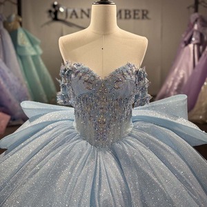 1591 Stunning Blue off Shoulder Embroidery Crystal Tassel Corset <b>Quinceanera</b> Ball Gown Chapel Train <b>Dresses</b> for 15 Girls - Product Image 5