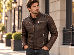 <b>Men's</b> <b>Brown</b> <b>Leather</b> Moto <b>Jacket</b> Stand Collar Zipper Closure Slim Fit Regular Length Autumn Solid Color Windproof - Product Image 1