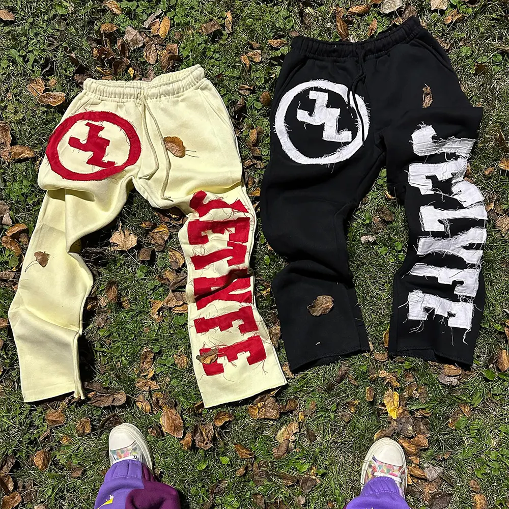 Custom pants   trousers Applique Graphic Embroidered Patches Stacked Flare Sweatpants Acid Wash Jogger Flared men's pants