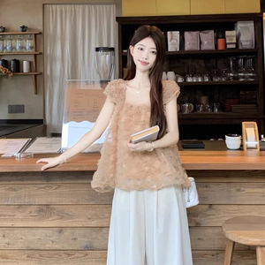 Camisa de manga corta con malla tridimensional de estilo industrial para mujer, cuello cuadrado francés, holgada, para verano - Product Image 1