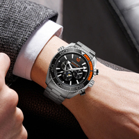 42,7 mm Multifunktions-Edelstahl-Charm-Uhr mit Lünette, Automatik-Chronograph, Datums- und Tagesanzeige, 30 Meter Wasserdichtigkeit