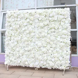 M456 Rustic Flower Wall Decor Background 3D Roll Up Silk Ivory White Rose Flowers Wall Backdrop Cloth Flower Wall Artificial