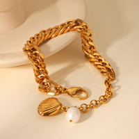Bracelet H&C Fashion en acier inoxydable plaqué or 18 carats, bijoux d'été pour la plage, avec breloque coquillage et perle, chaîne cubaine ajustable, cadeau pour femme