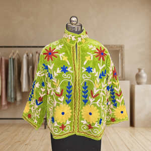 Handmade Green <b>Velvet</b> Floral Embroidered <b>Jacket</b> Designer <b>Women</b> Open Front Short Coat Kashmiri Style Festive Winter Outerwear - Product Image 5