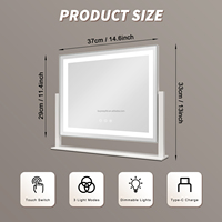 Miroir de maquillage rectangulaire blanc avec éclairage, 37 cm, rotation à 360°, 3 modes de couleur, variateur d'intensité, capteur tactile