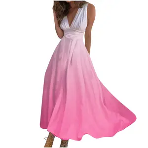 Gaun wanita motif transfer panas gaun tanpa lengan leher-v rendah gaya liburan gaun musim semi musim panas seksi