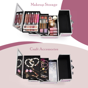 Valigetta <span class=keywords><strong>per</strong></span> Trucco Rosa Portatile con Specchio e Chiusura, Beauty Case da Viaggio, Organizer Rigido <span class=keywords><strong>per</strong></span> Cosmetici - Product Image 3
