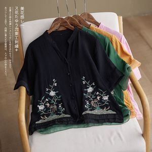 Chinese Style Linen Shirt Women Short Sleeve V Neck Embroidered Loose Blouse Everyday Wear Green Yellow Pink Black - Product Image 2