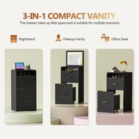 PHOENIX HOME Ensemble de coiffeuse compacte 3-en-1, petite table de chevet noire cannelée à 3 tiroirs, coiffeuse dissimulée pour chambre à coucher
