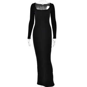 Vestido ajustado de manga larga con cuello cuadrado, de punto, color liso, corte ceñido, para fiesta o casual, transpirable, con cintura natural - Product Image 5
