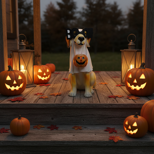 รูปปั้นสุนัขผีฮาโลวีน KW พร้อมแว่นตา BOO ไฟ LED <span class=keywords><strong>ฟักทอง</strong></span>เรซิ่น โลโก้ปรับแต่งได้ ตกแต่งสวนกลางแจ้ง ของประดับตกแต่งสนามหญ้าในวันหยุด - Product Image 1