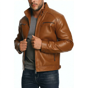 Men Brown PU Leather Moto <b>Biker</b> <b>Jacket</b> Zipper Front Stand Collar Regular Sleeve Solid Color Autumn Style OEM Service Knitted - Product Image 1