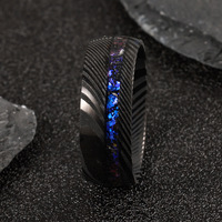 Bague en acier damas noir plaqué IP de 8 mm avec motifs gravés, incrustation d'opale bleue et de météorite, bague damas pour homme