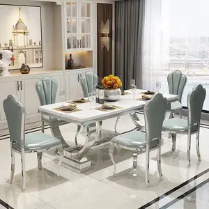Lüks tasarım mermer masa ev mobilya paslanmaz çelik altın yemek masası setleri Modern 8 sandalye ile