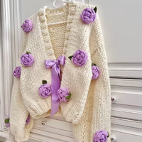 Cardigan tricoté pour femme à manches longues, motif floral brodé au crochet, avec nœud rose personnalisé, en maille épaisse, collection Hiver 2026