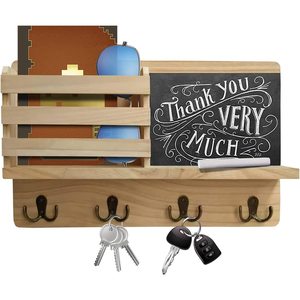 Wooden <b>Wall</b>-<b>Mounted</b> Key Holder With Chalkboard <b>Shelf</b> Entryway Organizer For Keys Mail Notes - Product Image 4