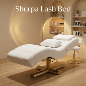 Cama de Belleza Hidráulica de Lujo con Base Dorada y Taburete para Técnico, para Extensión de Pestañas, con Tapicería de Lana de Cordero - Product Image 2