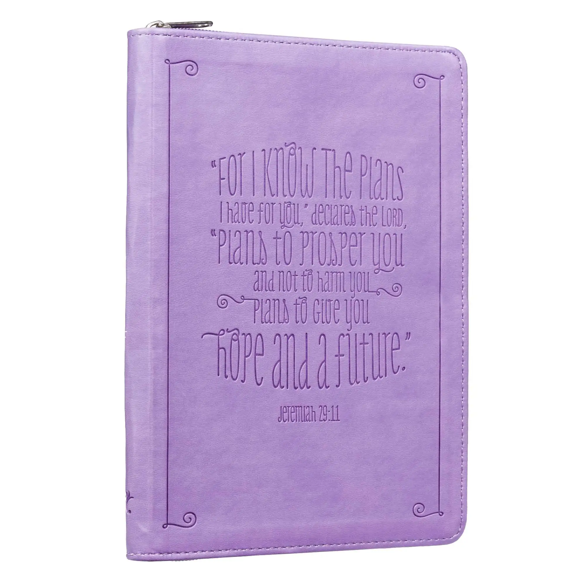 Inspirierende Zeitschrift Bibel Vers Debossed Soft Lilac Front Cover Benutzer definiertes Notizbuch mit Reiß verschluss
