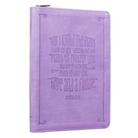 Carnet de notes personnalisé avec impression inspirante, verset biblique, couverture souple lilas gaufrée, fermeture éclair personnalisée, pour la gestion quotidienne de soi
