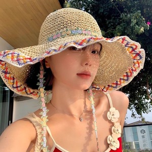 Sombrero de paja de ala ancha de estilo étnico para mujer, color beige y marrón, para verano, playa, protección solar, resistente al viento, sombrero de pescador para mujer adulta - Product Image 1