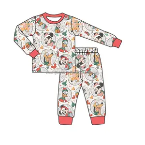 Pakaian butik Natal bayi kustom gambar tikus baju tidur anak-anak celana lengan panjang 2 potong setelan untuk anak perempuan
