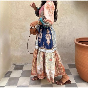 Retro Print Ethnic Style Long Puff Sleeve Women's Vacation <b>Dress</b> V Neck <b>Elastic</b> Waist Polyester Fiber Casual <b>Dress</b> - Product Image 2