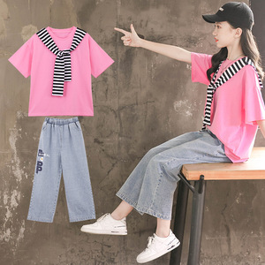 Girls Summer Suits 2022 New Children's Trend Summer Short-sleeved <b>Jeans</b> Sports Girls - Product Image 2