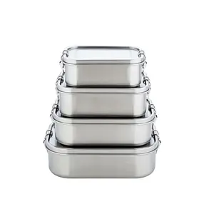 Custom Logo Food Grade 304 Leakproof Stainless Steel Lunch Bento Box 500/800/1200/1400/1700/2200ML Square Steel Lunch Box