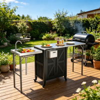 Chariot de barbecue d'extérieur avec table pliante en plastique, table de préparation roulante pour barbecue avec armoire de rangement, roues à rotation à 360 degrés, durable